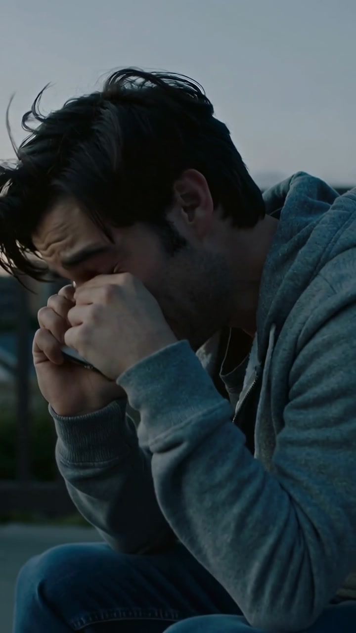 Receiving bad call, man sitting on bench at dusk by railing, holding phone, wiping face, speaking