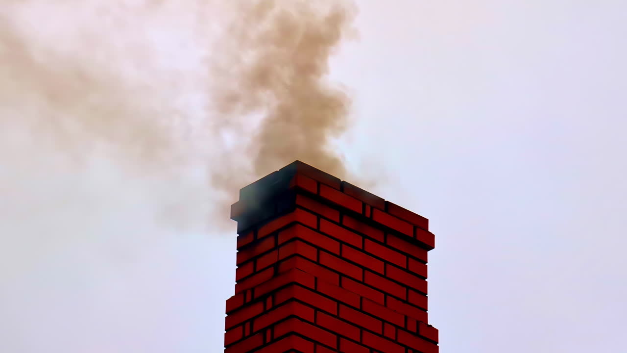 Smoke rising from red brick chimney of private home, view from bellow