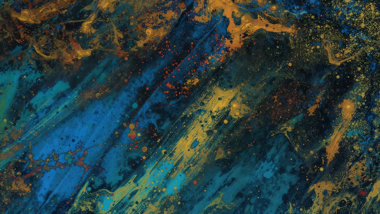 Panning camera showing abstract canvas in studio while revealing gold veins and red specks