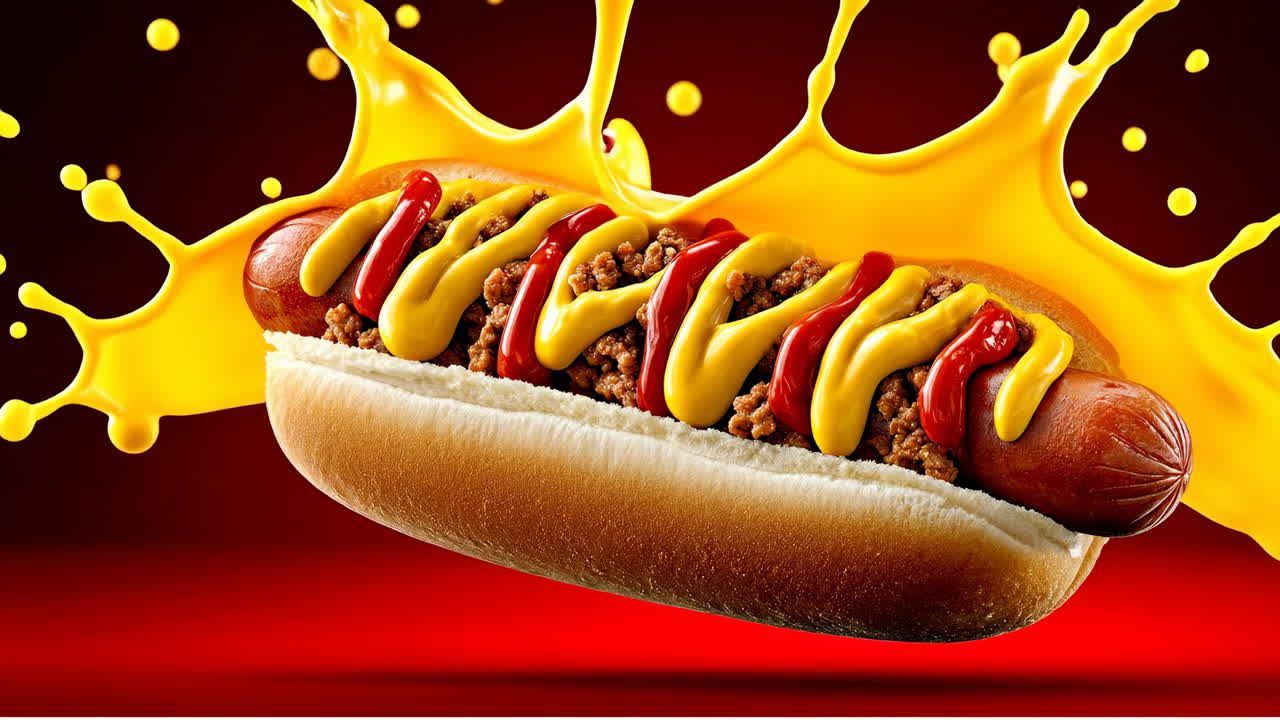 Hot dog con condimenti e schizzo di salsa. Un hot dog è adagiato in un panino, guarnito con carne, ketchup e senape, con uno schizzo di salsa gialla tutt'intorno