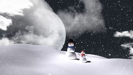 Animation-of-snowman-in-winter-scenery-over-night-sky