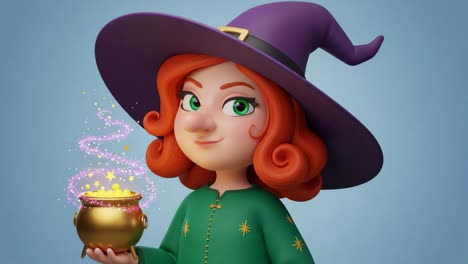 a whimsical sorceress with sparkling magic: a charming animated character in a vibrant green outfit and purple hat, holding a golden cauldron of enchanted sparkles