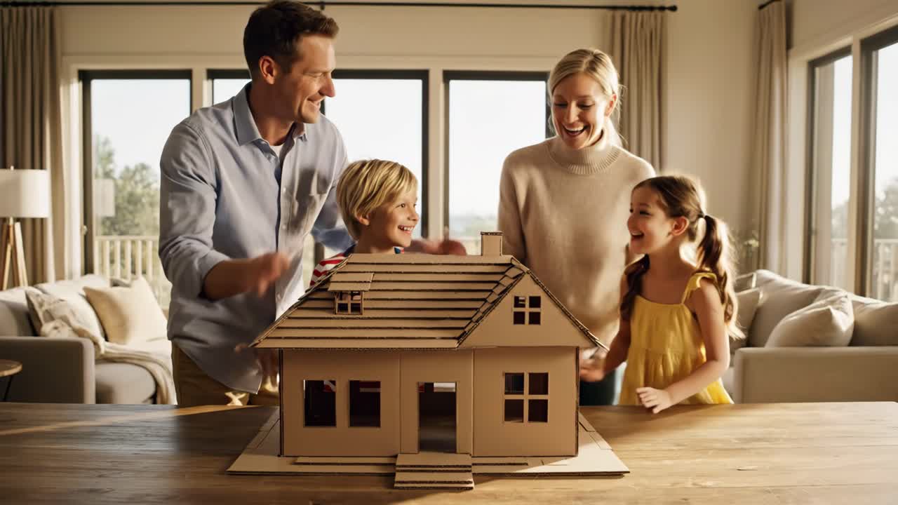 Family Building a Cardboard House Together