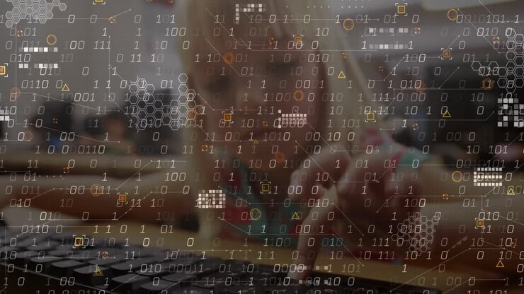 Animation of data processing and abstract shapes against caucasian girl using computer at school