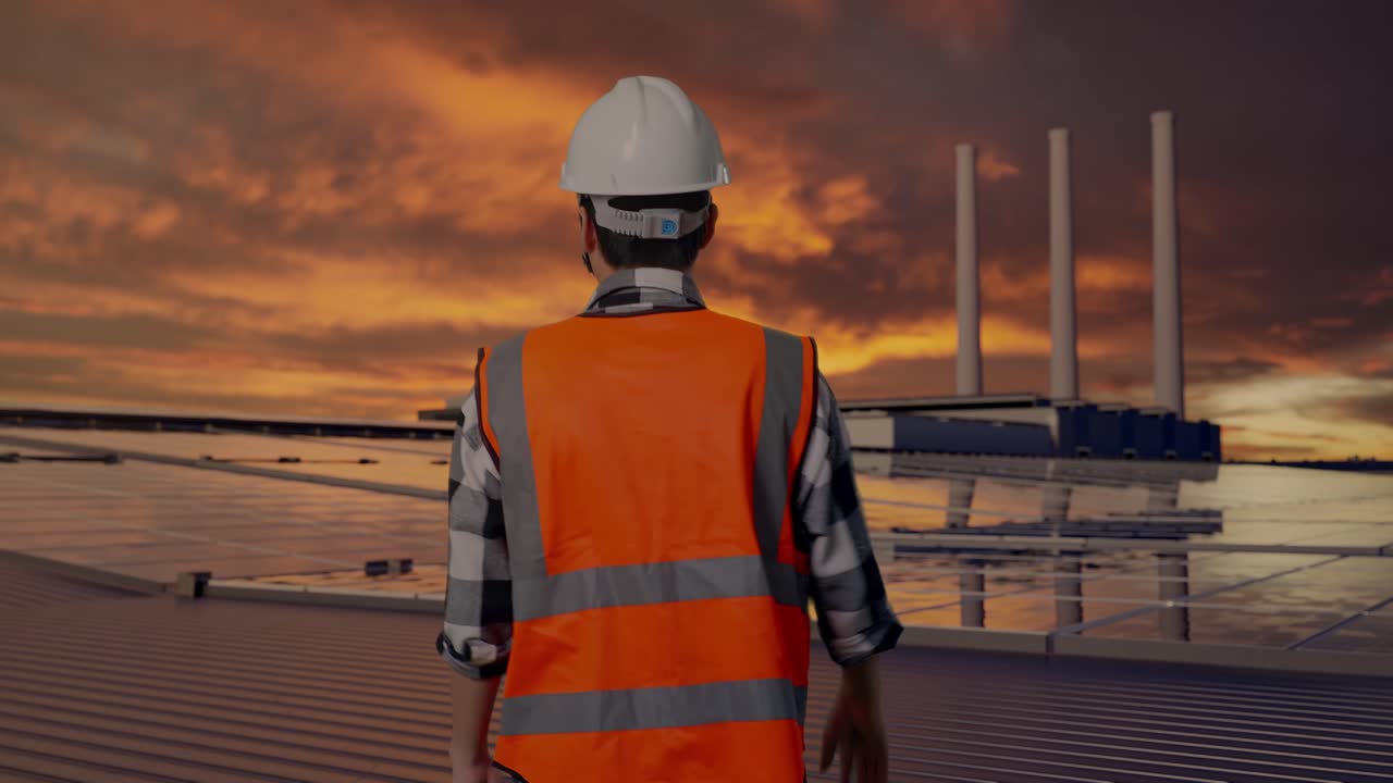 Back of Asian Male Engineer Waving Hand Saying Bye While Walking and Inspecting Solar Panels on Rooftop at Sunset