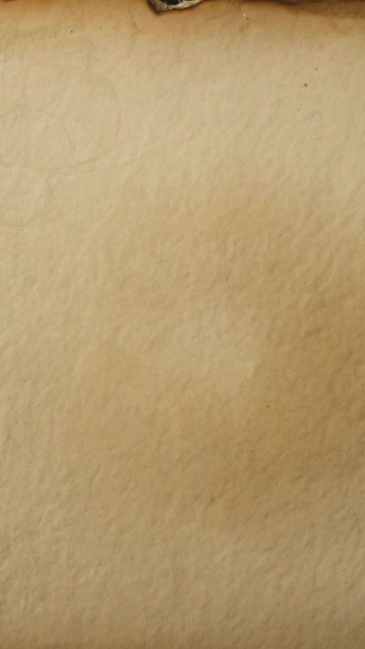 Video verticale: La telecamera si sposta rivelando un singolo foglio di carta invecchiato in primo piano per mostrare il bordo bruciato e una macchia.