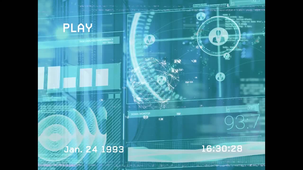 Animation of data processing and shapes over server room