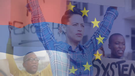 animation of flag of netherlands and european union over diverse female and male protesters