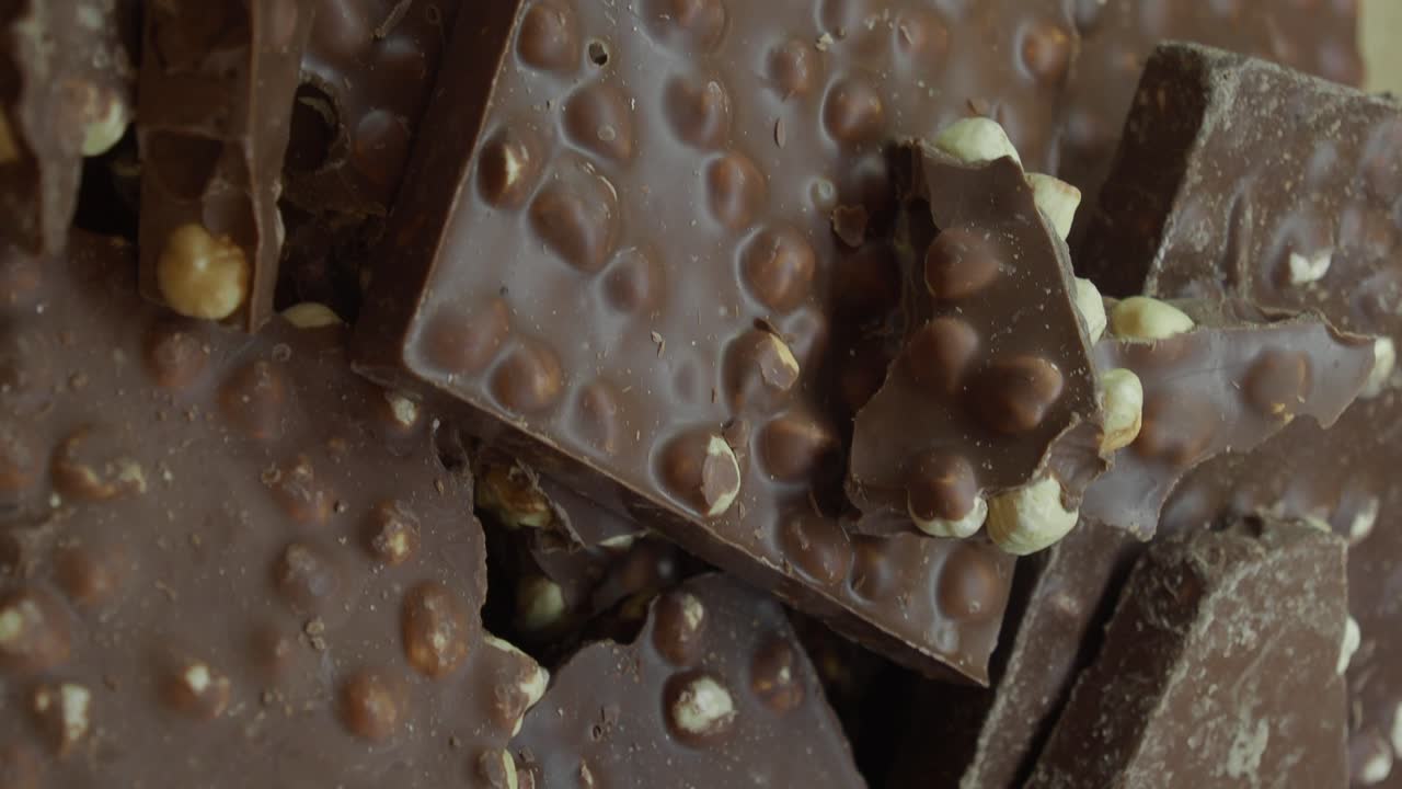 Close-up of broken hazelnut chocolate pieces