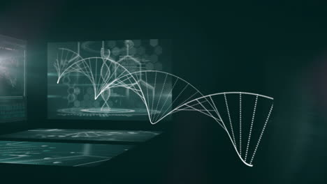 dna strand animation over scientific data processing screens