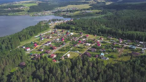 aerial view of a village by a lake in a forest