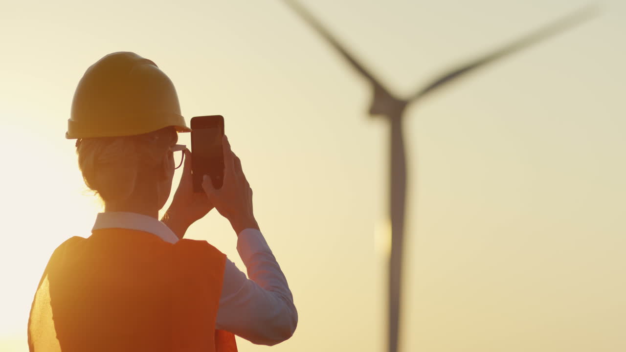 vista trasera de una trabajadora caucásica usando un casco tomando una foto con su teléfono inteligente de las turbinas de los molinos de viento girando al atardecer