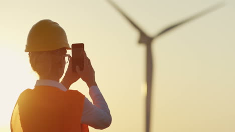 rear view of caucasian female worker wearing a helmet taking a photo with her smartphone of the windmills turbines spinning at sunset