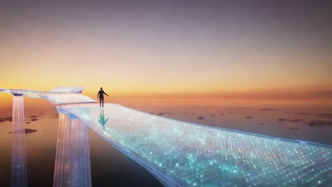 a person walking on a futuristic transparent bridge over water at sunset