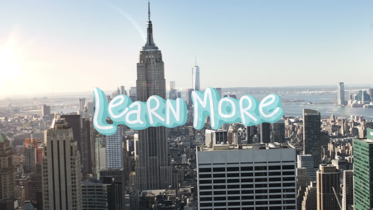 Animation of learn more text over cityscape