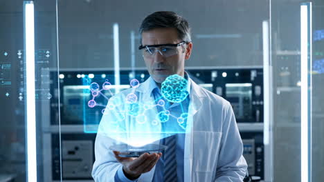 scientist interacting with holographic molecular structure in a laboratory