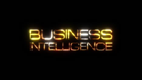 business intelligence gold text with glitch effect loop title on black background. 4k 3d seamless loop business intelligence glitch effect element text animation with golden shine effect element for intro title