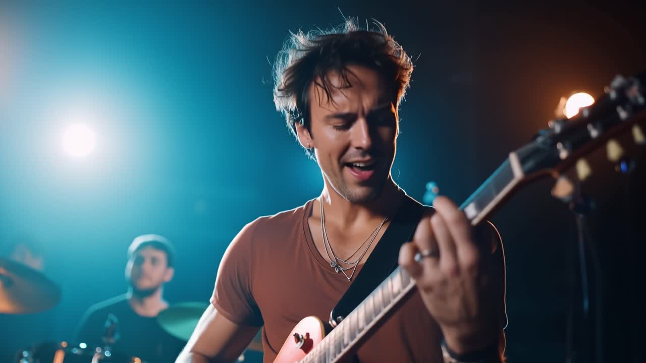Lidenskapelig mannlig gitarist som spiller elektrisk gitar på scenen