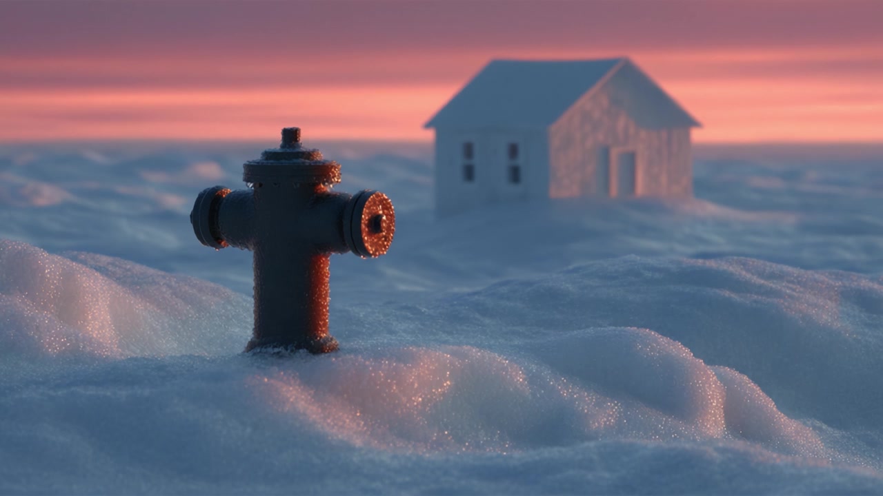 A striking winter scene featuring a lone fire hydrant partially submerged in deep snow, with a quaint white house in the background under a beautiful gradient sky at dusk