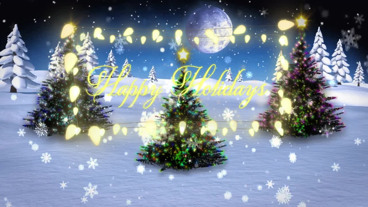 Animation of snowy landscape with decorated trees and Happy Holidays text