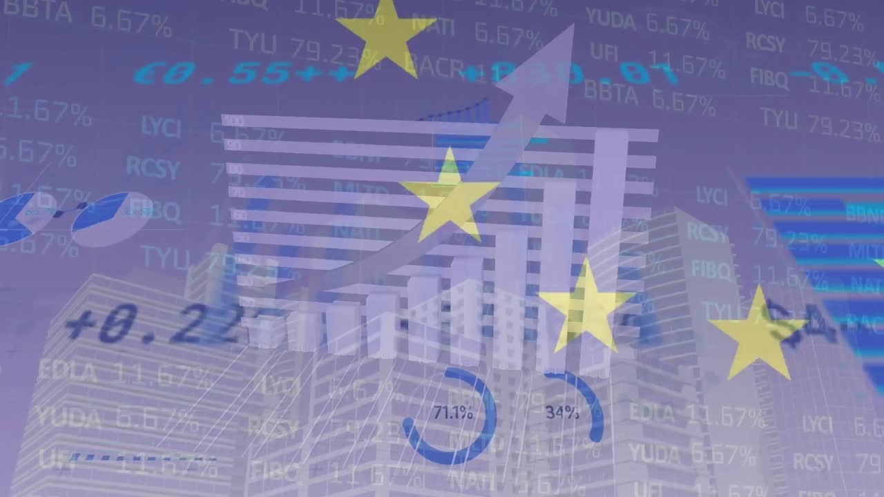 도시 풍경 위의 금융 데이터 처리 애니메이션