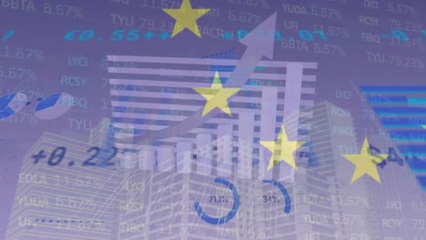 animation of financial data processing over cityscape