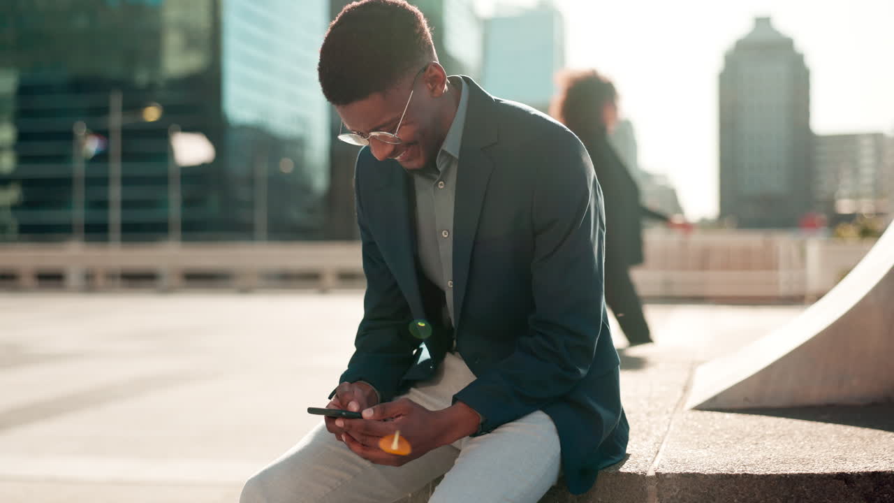 Business, phone or happy black man in city