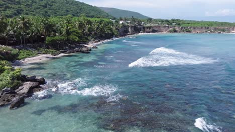 panorama of quemaito beach with clear water and tropical palm trees on a sunny day in summer in barahona, dominican republic