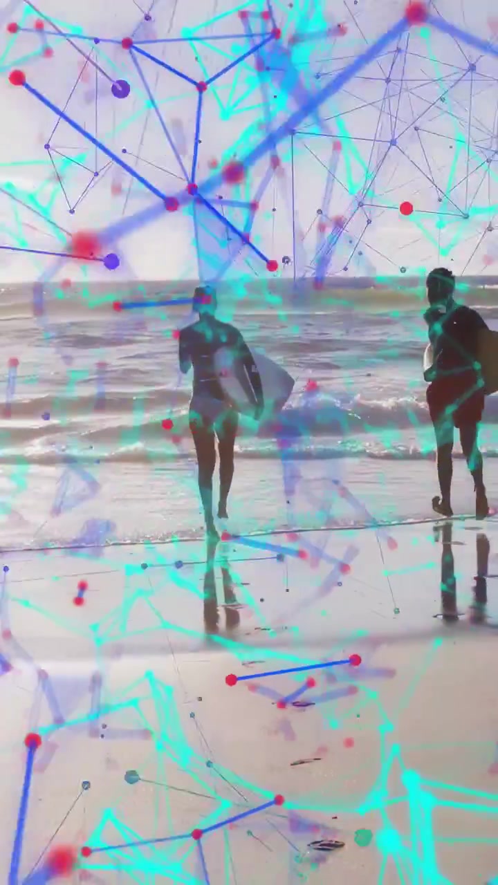Vertical video: Man and woman seeing waves, running with boards into surf, tech overlay over them