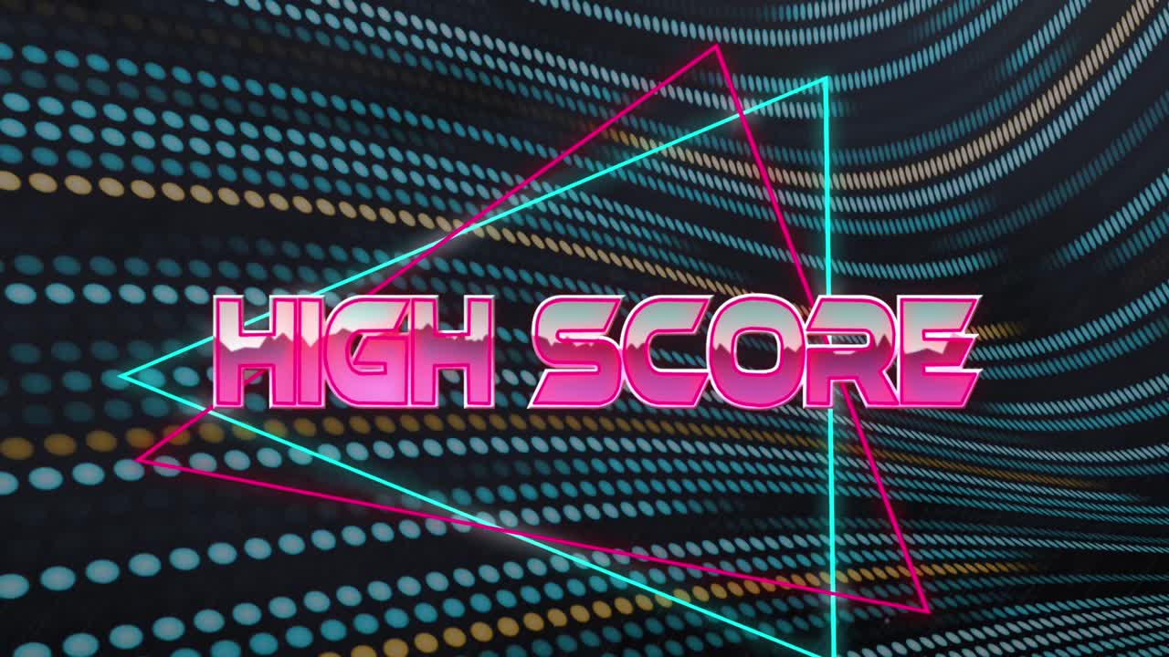 Animation of high score text over triangles against dots moving in wave pattern