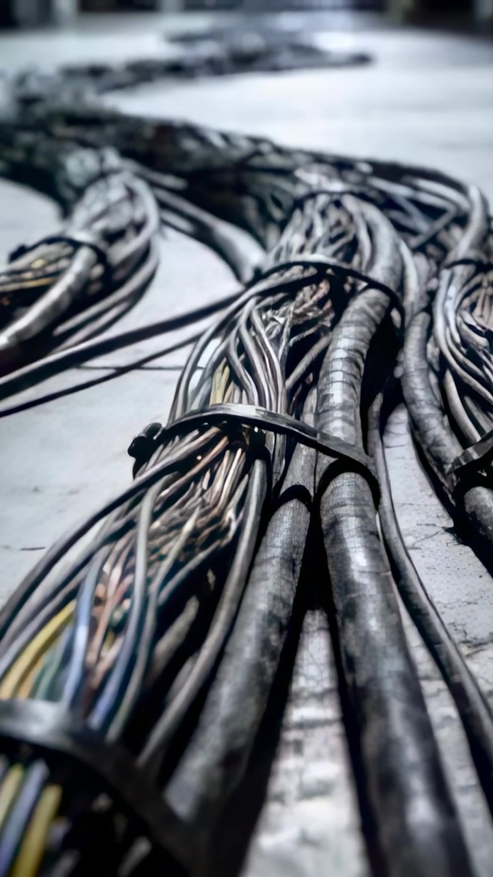 Vertical video: Panning camera across central cable bundle on hard floor, showing zip ties, routing