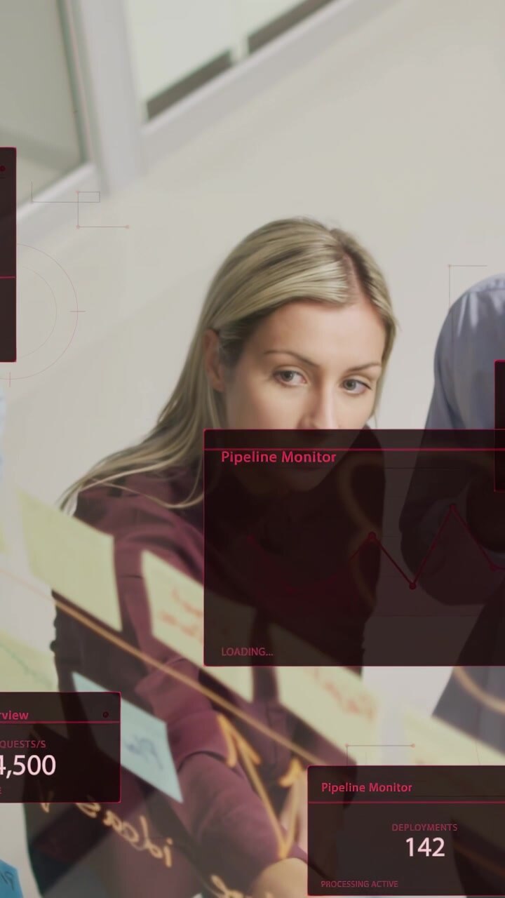 Vertical video: Woman picking marker business planning, moving notes as pipeline overlay sliding