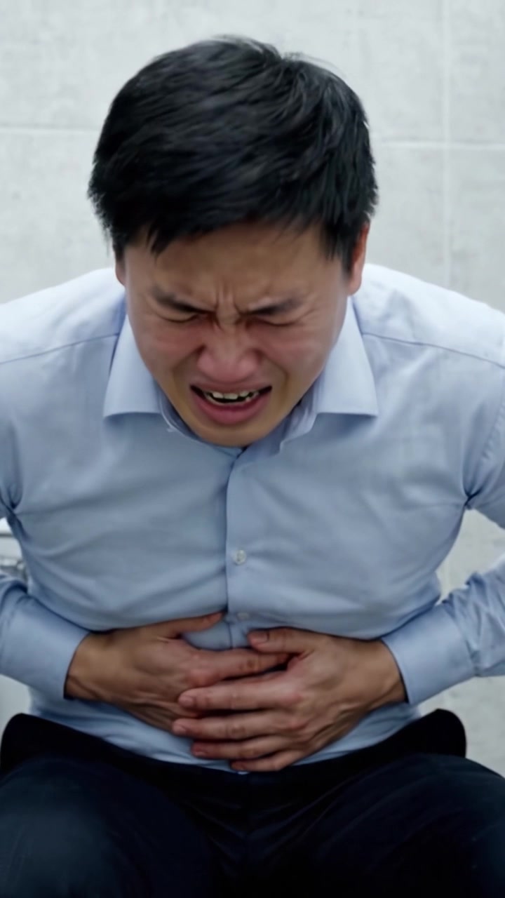 男性の苦痛：激しい腹痛と苦悩に耐える姿を、共感を呼ぶ苦しみの瞬間として捉える