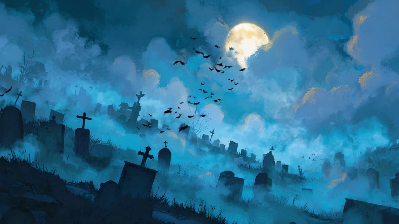 Mysterious Graveyard Scene Under a Full Moon: A Haunting Overview of a Foggy Cemetery Filled with Shadows, Bats, and Eerie Atmosphere Captivating the Viewer