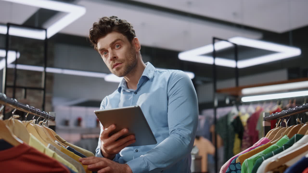 trabajador de la tienda comprobando la tableta haciendo el inventario del centro comercial. hombre trabajando en la boutique