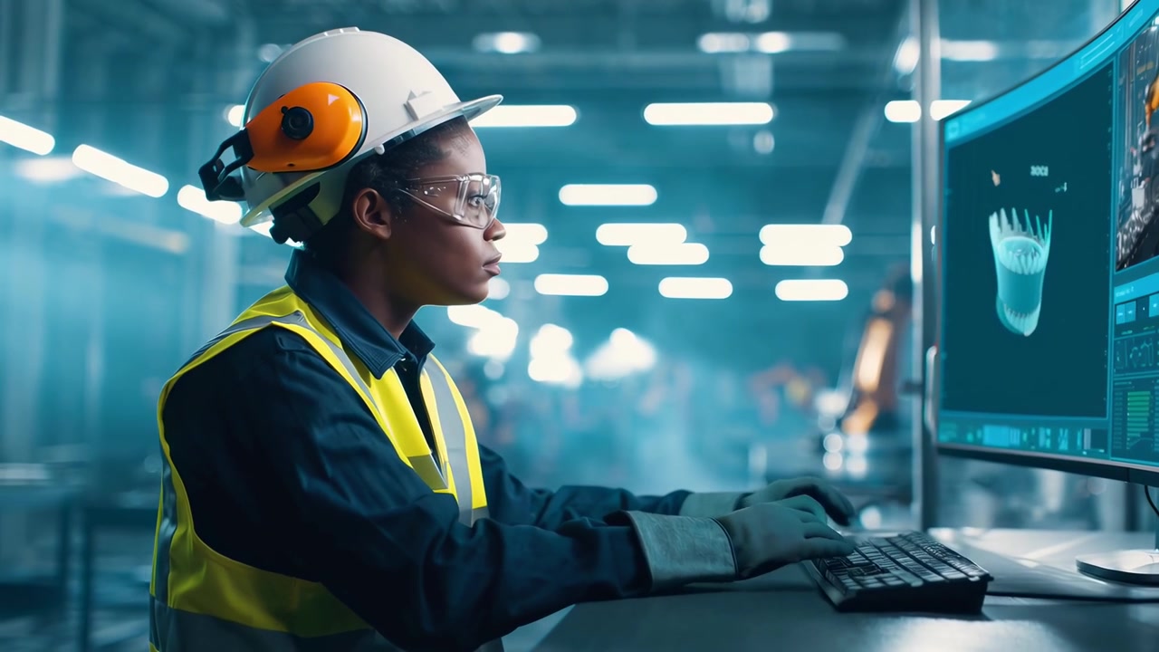 Female Engineer Working on Computer in Modern Industrial Factory