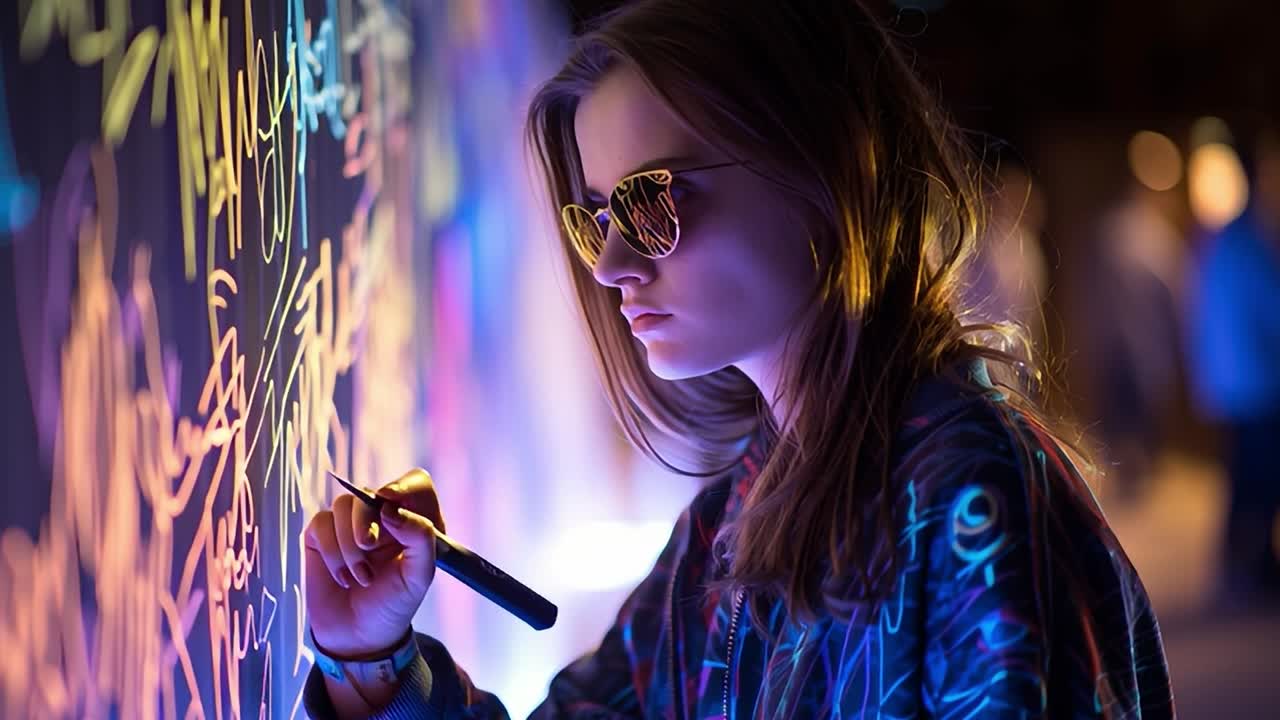 Creative artist draws colorful designs at urban art exhibit