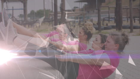 animación de formas sobre mujeres diversas en ejercicios de carrera de obstáculos.