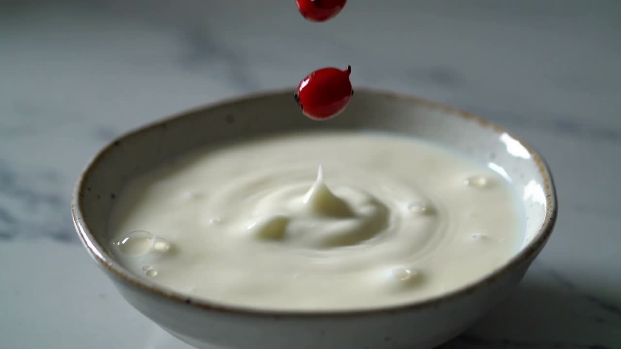 Eine fallende rote Beere erzeugt eine kronenartige Fontäne in einer flachen Keramikschale auf Marmor, Milchtröpfchen setzen sich ab