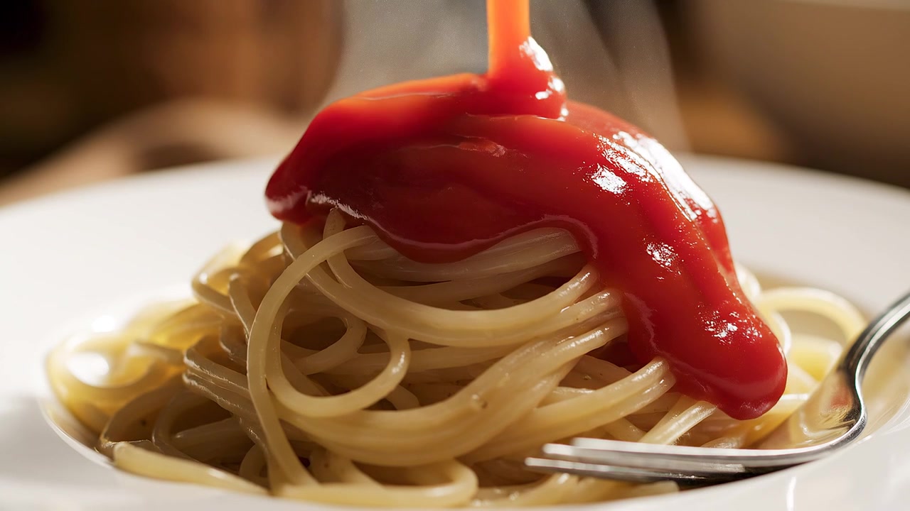 できたてのスパゲッティパスタに赤いケチャップをかけるクローズアップ。