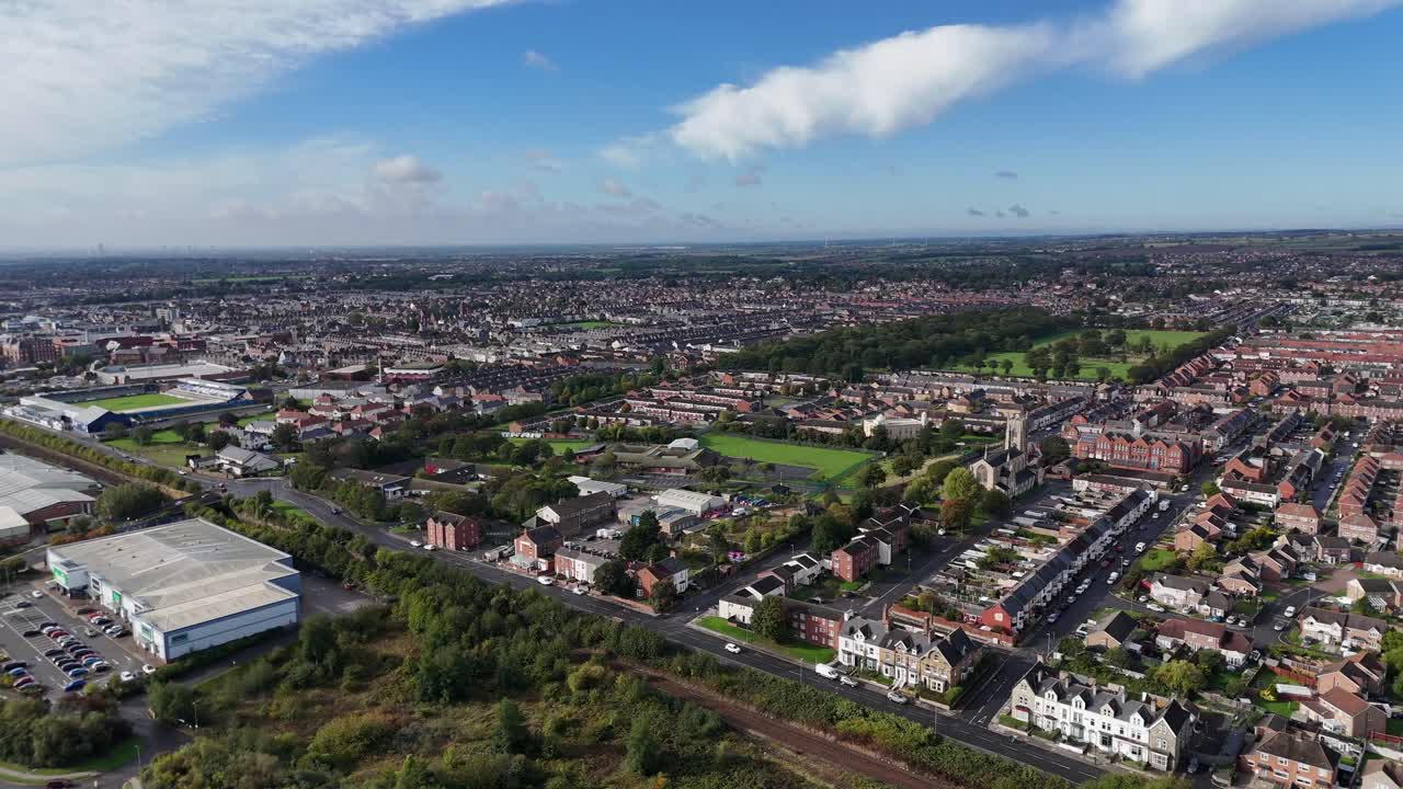 Aerial drone video Hartlepool marina harbour port beach coastal town County Durham North East England UK