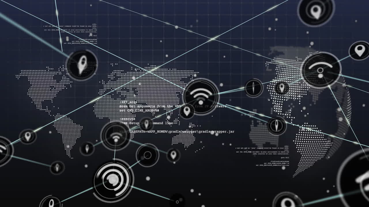 Animation of network of connections with icons over world map and globe with data processing