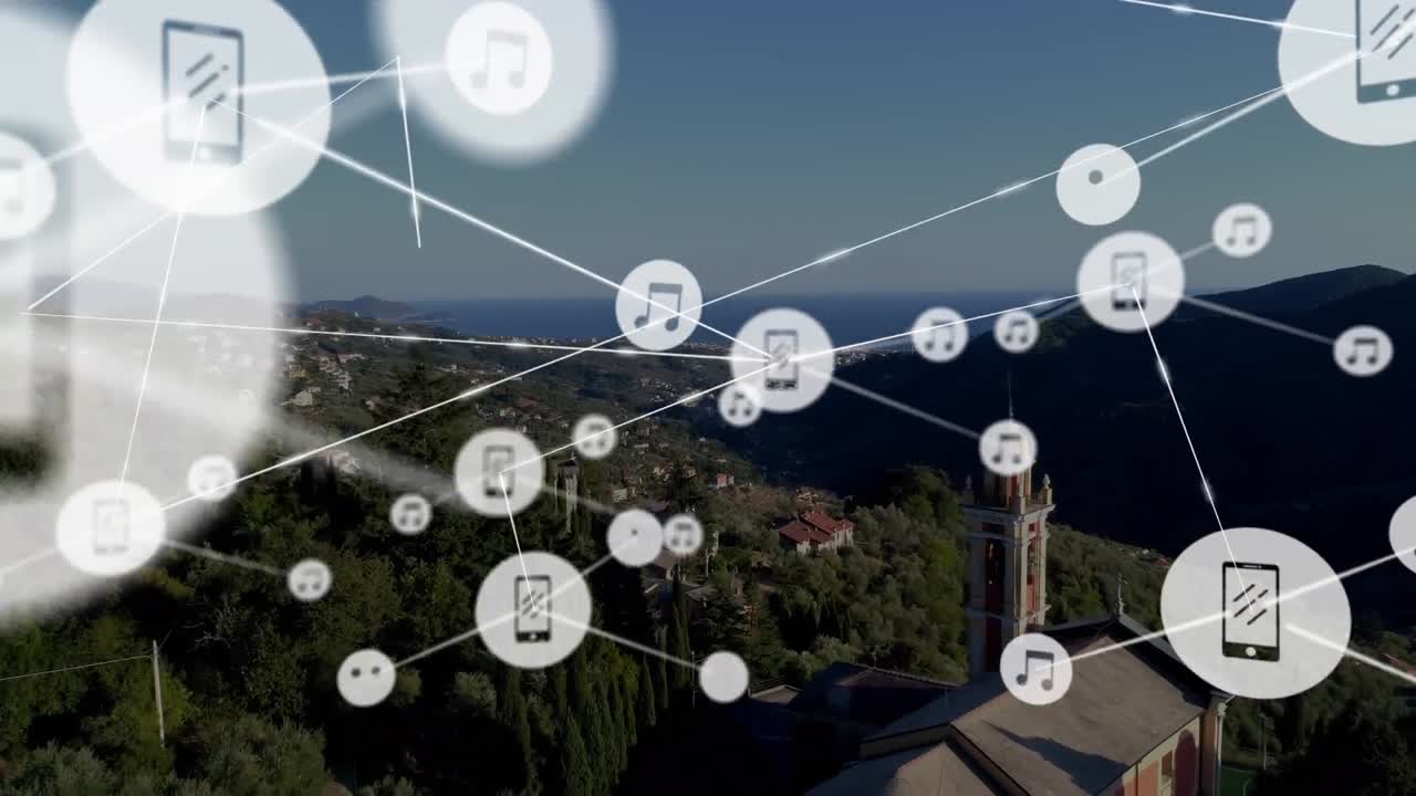 animación de la red de conexiones con iconos sobre el paisaje urbano