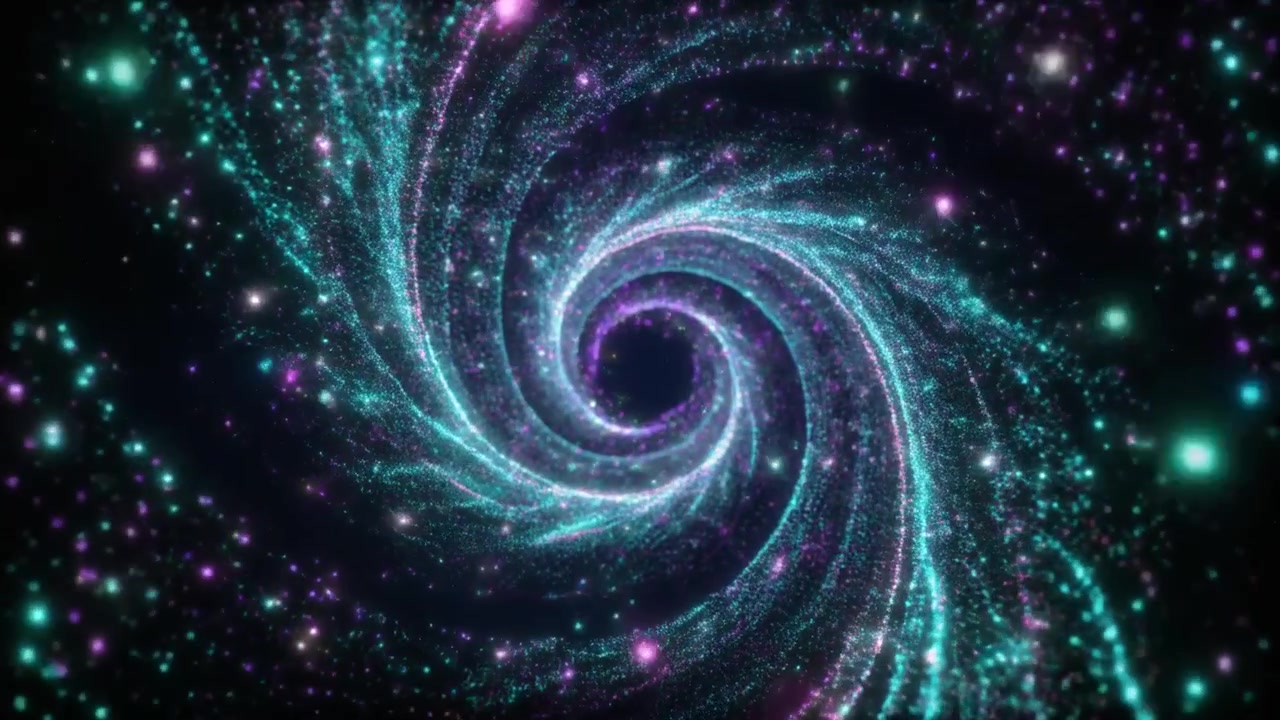 Abstract Spiral Galaxy of Glowing Teal and Purple Particles