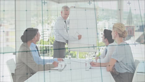 business meeting with diverse team discussing strategy over graph animation