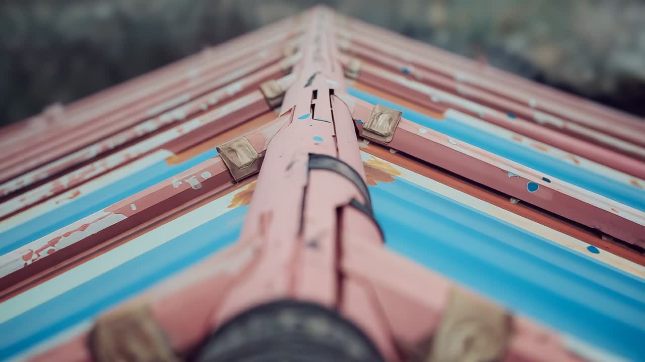 Starting gimbal gliding along roof ridge angled clamps, showing peeling paint rust patches