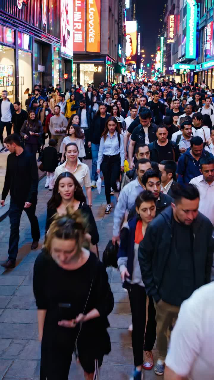 High-angle video shot of a bustling city street at night, capturing a diverse crowd under vibrant
