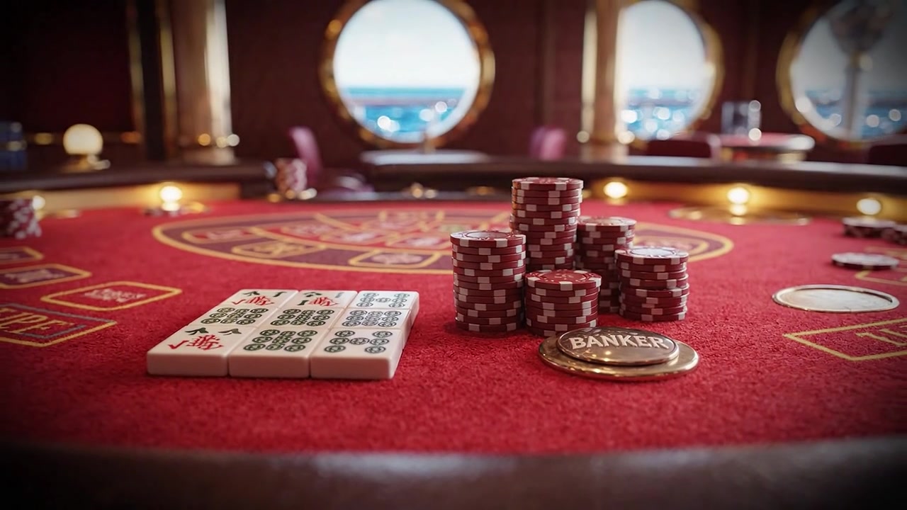 Una vista ravvicinata di un tavolo da casinò che mostra fiches da poker impilate e tessere di Mahjong, creando un'atmosfera invitante per giocatori e appassionati.