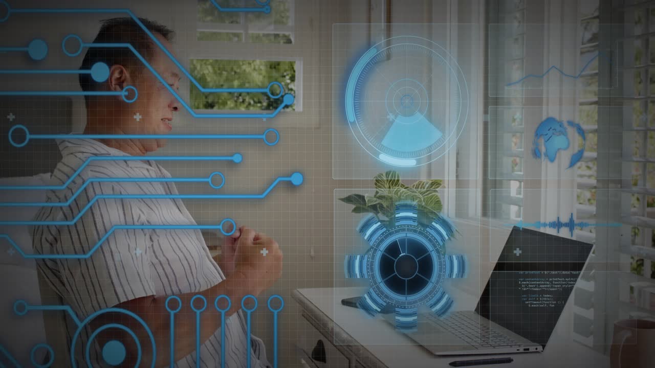 Man reading papers while glancing at laptop, HUD overlay rising over laptop, verifying tech data