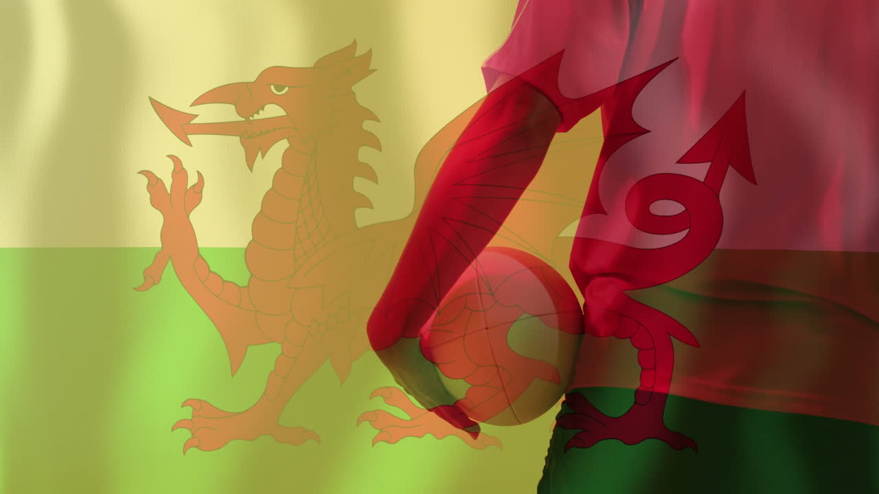 Animation of flag of wales over biracial female rugby player holding ...